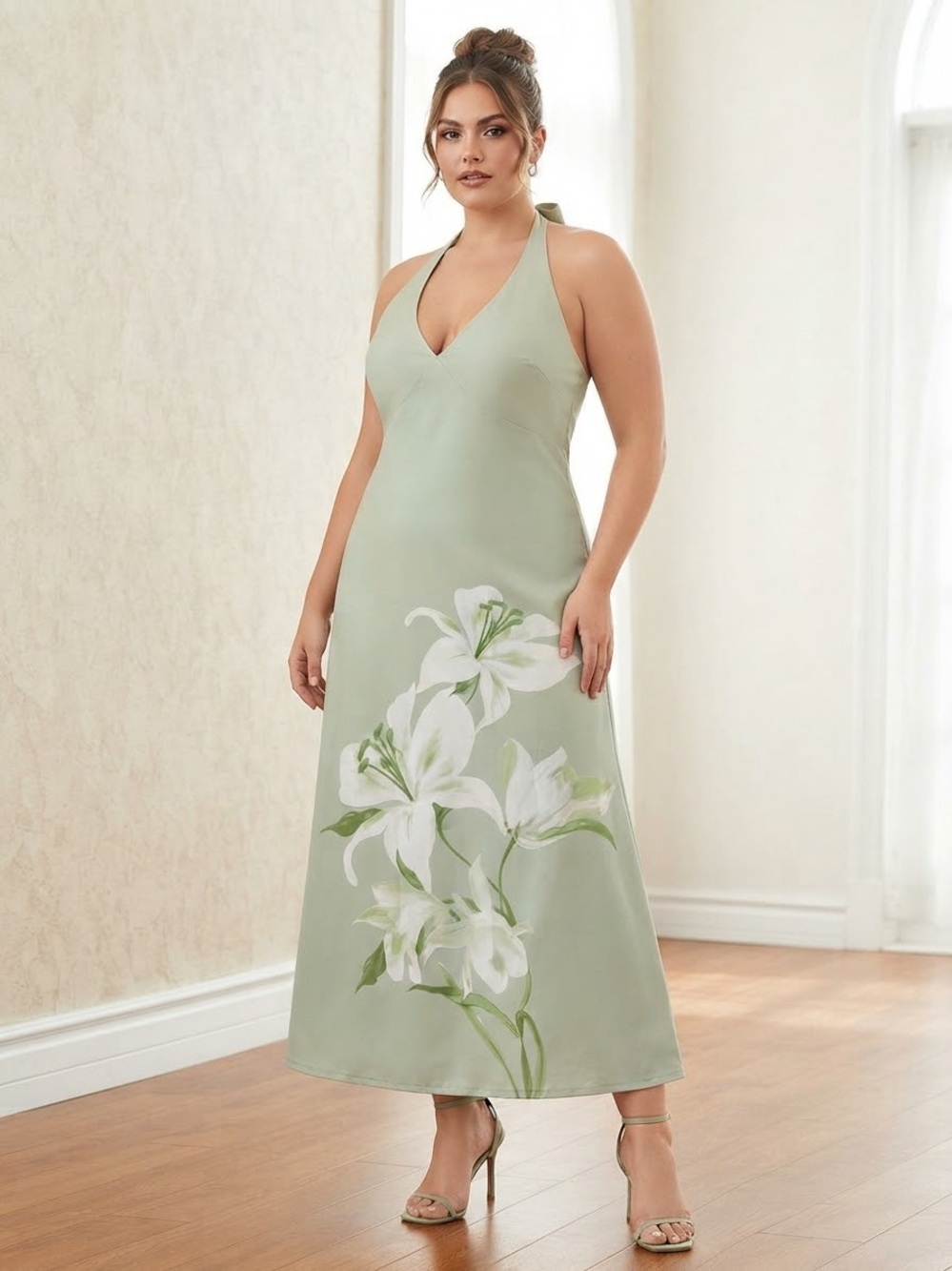 Joie Sage Green Halter Dress with White Lily Print